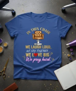 Hairstylist t-shirt with the quote "In This Chair We Laugh Loud, We Cry Together. We Love Big. We Pray Hard."