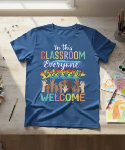 T-shirt with "In this CLASSROOM Everyone WELCOME" text, rainbow hearts, and diverse hands raised, promoting classroom inclusion
