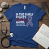 Blue t-shirt with white and red text "In This Family Fights Nobody Alone" and a detailed awareness ribbon for Head