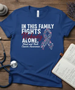 Blue t-shirt with white and red text "In This Family Fights Nobody Alone" and a detailed awareness ribbon for Head