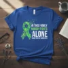 Blue t-shirt with green butterfly ribbon and white text: "In This Family Nobody Fights Alone Kidney Disease Awareness"