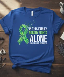 Blue t-shirt with green butterfly ribbon and white text: "In This Family Nobody Fights Alone Kidney Disease Awareness"