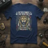 In This Family We Fight What You Fear Firefighter Military T-Shirt design with a lion and American flag