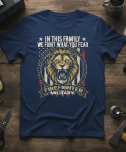 In This Family We Fight What You Fear Firefighter Military T-Shirt design with a lion and American flag