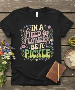Black t-shirt with "In a Field of Flowers Be a Pickle" text in retro wavy font, surrounded by colorful flowers
