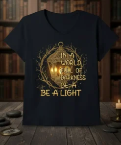 Inspirational quote "In A World Full Of Darkness Be A Light" with a glowing lantern graphic on a dark t-shirt