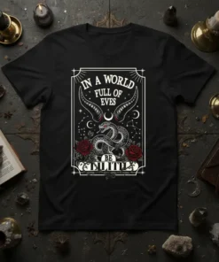 Black t-shirt with "In a world full of eves be kilith" quote, snake, roses, horns, and celestial elements