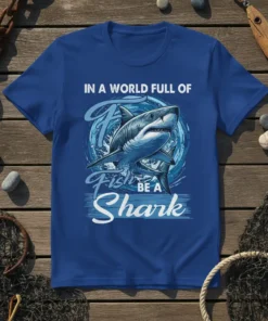 Shark graphic t-shirt with text "In A World Full Of Fish Be A Shark" in bold white font