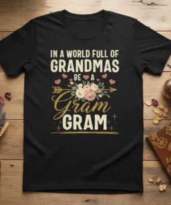 Black t-shirt with "In a world full of Grandmas be a Gram Gram" text, floral graphic, and hearts