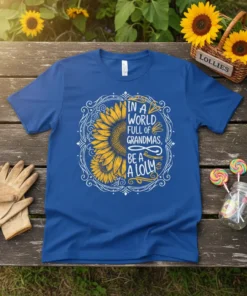 T-shirt with text "In A World Full of Grandmas, Be A Lolly" and a sunflower graphic, blue t-shirt design