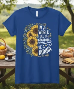 T-shirt with "In A World Full Of Grandmas, Be A Nonna" text surrounded by sunflowers