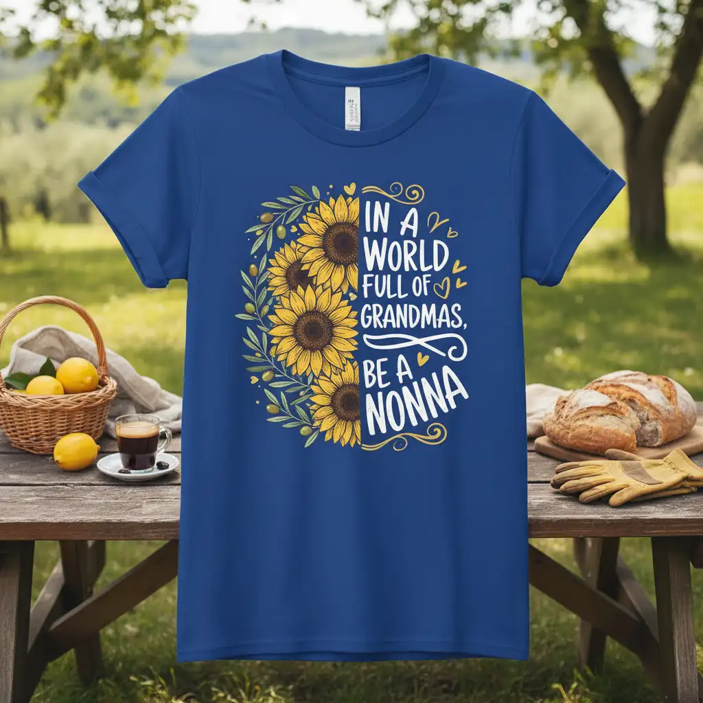 In A World Full Of Grandmas Be A Nonna quote with sunflowers on a blue t-shirt