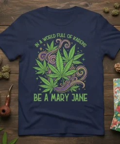 Navy t-shirt with "In A World Full Of Karens Be A Mary Jane" text and green cannabis leaf graphic