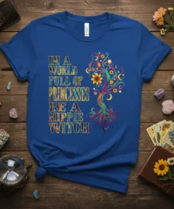 In A World Full Of Princesses Be A Hippie Witch text with a colorful tree of life graphic on a
