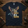 Text "In A World Full of Princesses Be A Valkyrie" with a powerful winged warrior graphic on a navy blue