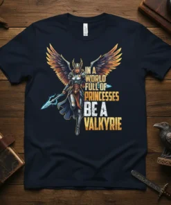 Text "In A World Full of Princesses Be A Valkyrie" with a powerful winged warrior graphic on a navy blue