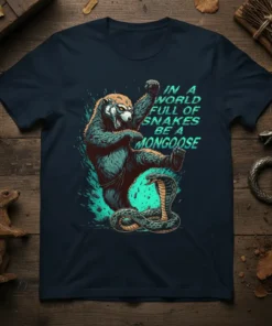 In A World Full Of Snakes Be A Mongoose T-Shirt featuring a mongoose in martial arts pose fighting a cobra