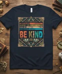 Inspirational quote t-shirt: "In A World Where You Can Be Anything Be Kind" in retro font and art deco border
