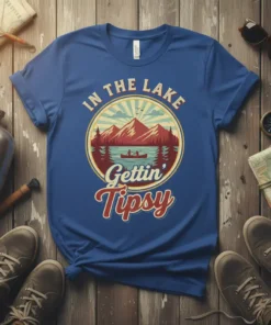 In The Lake Gettin' Tipsy retro design with mountains, lake, and canoe, on a blue t-shirt