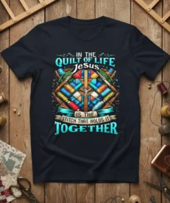Christian quilting t-shirt with the text "In The Quilt Of Life Jesus Is The Stitch That Holds It Together" featuring
