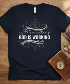 Christian t-shirt with the text "in the waiting GOD IS WORKING" in a celestial design