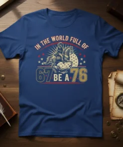 T-shirt featuring the quote "IN THE WORLD FULL OF 67 BE A 76" with a vintage illustration of a historical