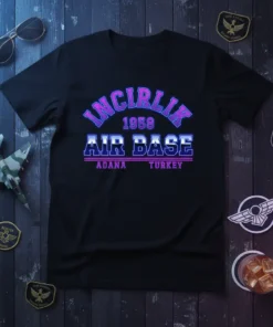 Incirlik 1958 Air Base Adana Turkey text design on a black t-shirt, vintage collegiate style, navy and pink neon glow
