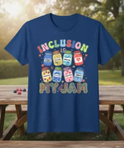 T-shirt with "Inclusion is My Jam" text featuring jars labeled Diversity & Respect, Acceptance, Educate, Advocate, Communication, Empathy, and Ability