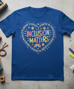 Inclusion Matters heart design t-shirt with colorful text and surrounding positive words like ability, bravery, respect, and kindness