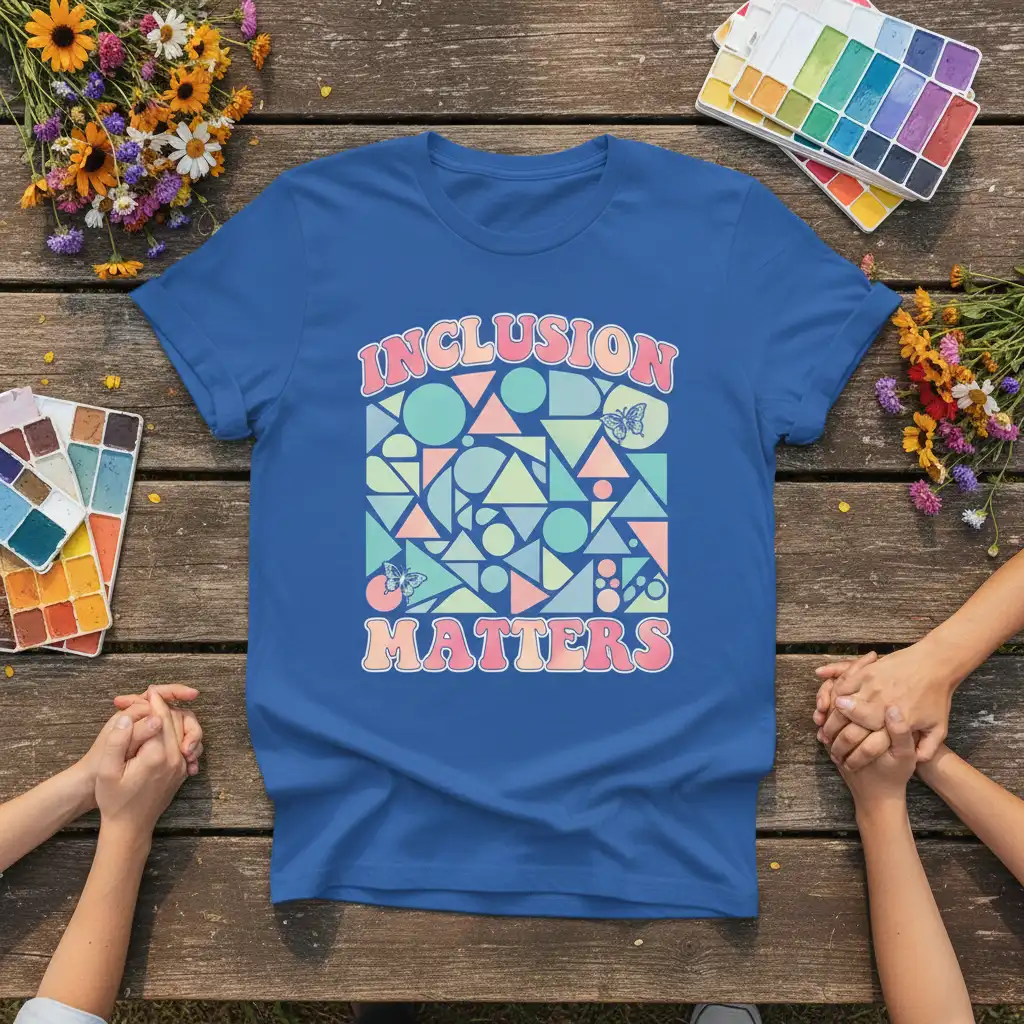 Inclusion Matters retro design featuring geometric shapes and butterflies on a t-shirt