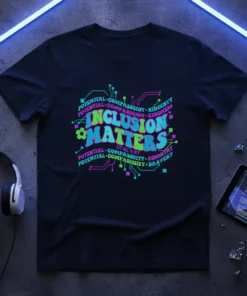 Inclusion Matters T-Shirt with colorful typography, circuit board design elements, and keywords like potential, compassion, kindness, and bravery