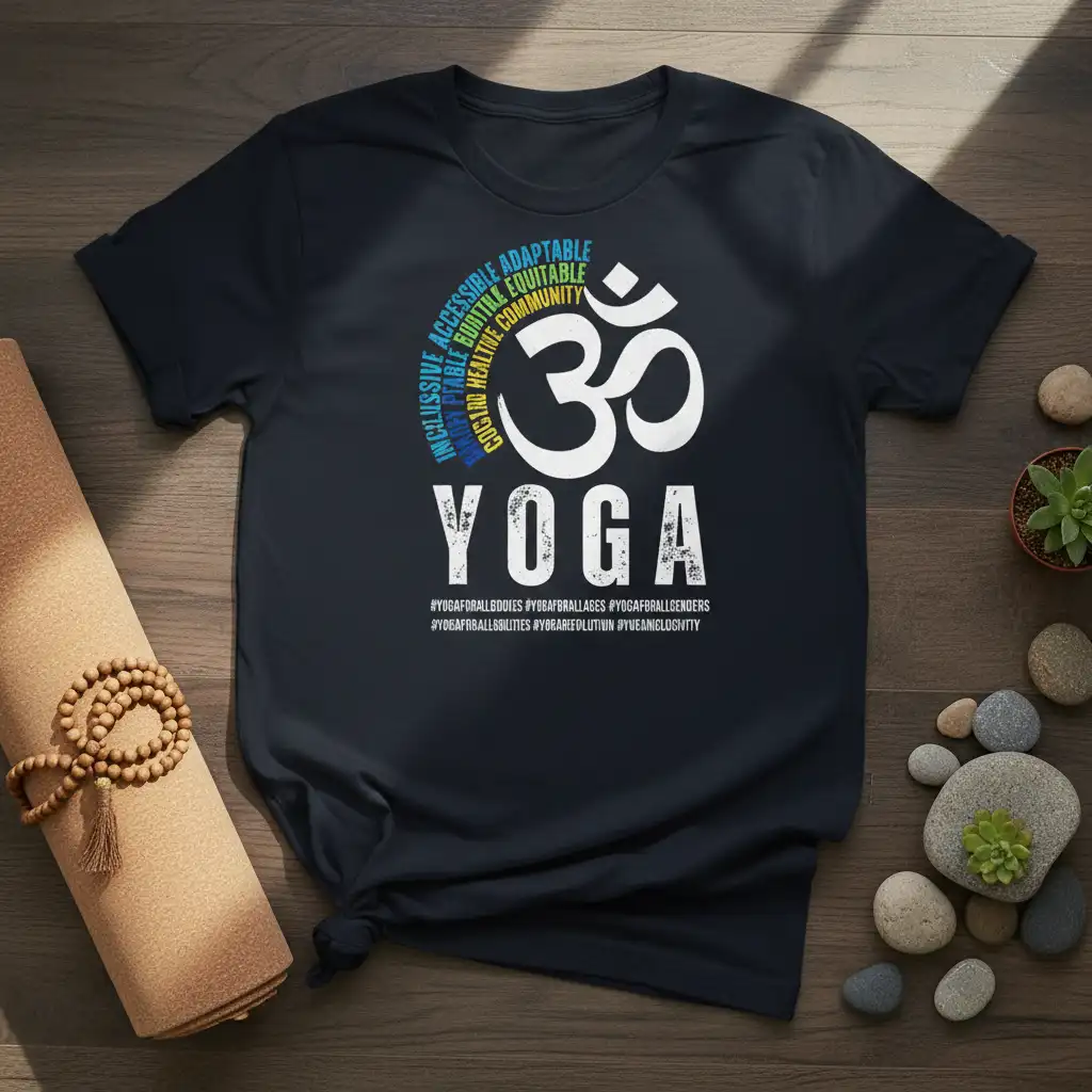 YOGA ACCESSIBLE ADAPTABLE INCLUSIVE quote printed with creative illustration on durable material t-shirt design