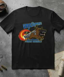 Incoming Furry Missile Dog Rocket T-Shirt design featuring a German Shepherd mid-flight on a rocket with flames