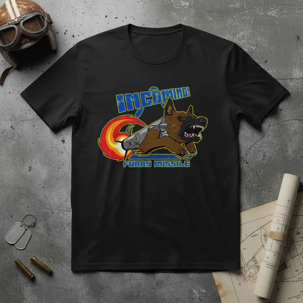 Incoming Furry Missile Dog Rocket T-Shirt detailed print printed on breathable fabric creating a standout t-shirt