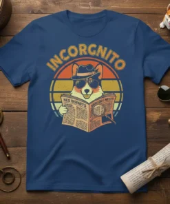 Incorgnito dog reading a newspaper with a magnifying glass, featuring text "INCORGNITO NES DISENITS NE OLORE HIEETS" on a vintage