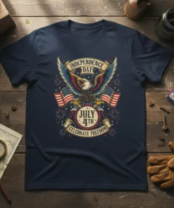 Independence Day July 4th Celebrate Freedom t-shirt with eagle, American flags, and fireworks graphic