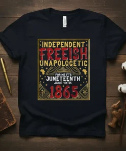 Juneteenth t-shirt with "Independent Freeish Unapologetic For Me It's Juneteenth June 19th 1865" text in distressed red and gold vintage