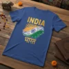 India Bharat t-shirt design featuring the Indian flag, golden sunburst, and Hindi text "भारत"