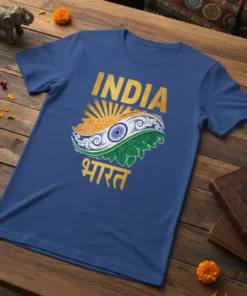 India Bharat t-shirt design featuring the Indian flag, golden sunburst, and Hindi text "भारत"