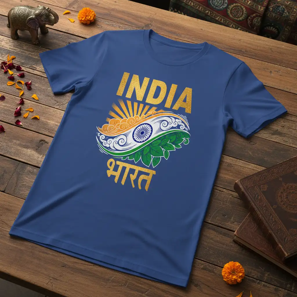 India Bharat t-shirt design with Indian flag, golden sunburst, and Hindi script for Bharat