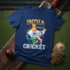 India Cricket T-Shirt featuring the Indian map outline with the national flag and a cricketer batting