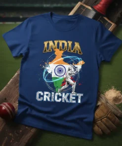 India Cricket T-Shirt featuring the Indian map outline with the national flag and a cricketer batting