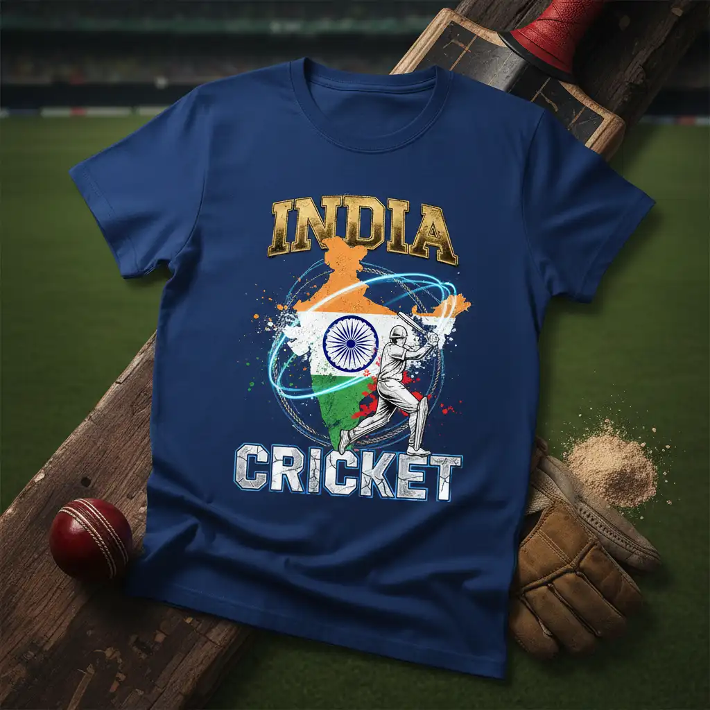 India Cricket design showcasing the map of India with national flag and a batsman graphic