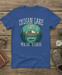 Indian Lake New York est. 1858 t-shirt with vintage canoe, mountains, and trees graphic