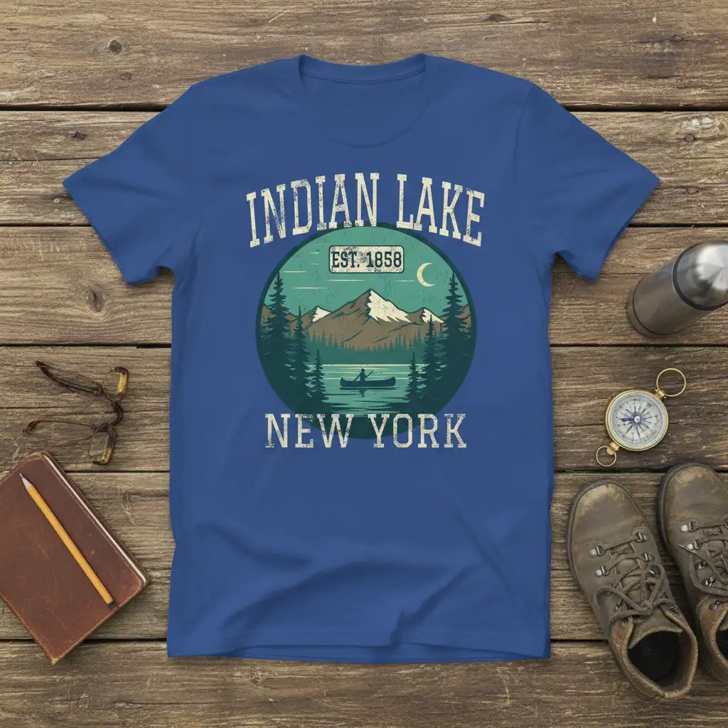 Indian Lake New York t-shirt design with vintage est. 1858 branding and canoe scene