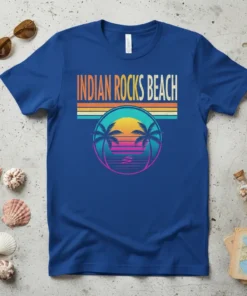 Indian Rocks Beach retro sunset design t-shirt with palm trees and colorful gradient stripes
