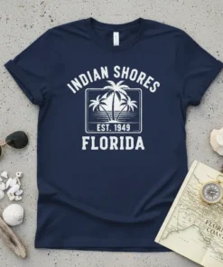 Indian Shores Florida Est 1949 t-shirt with retro palm trees and coastal design