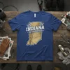 Indiana The Hoosier State map design t-shirt with racing flags, featuring state outline and map detail
