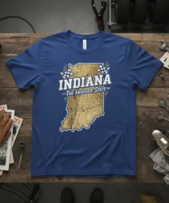 Indiana The Hoosier State map design t-shirt with racing flags, featuring state outline and map detail
