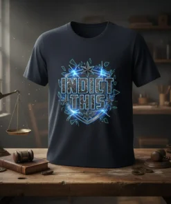Indict This quote on a dark t-shirt with a glowing blue shield graphic and stars, law-themed design